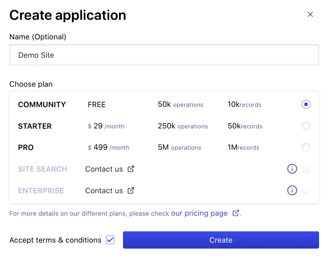 Create application on Algolia