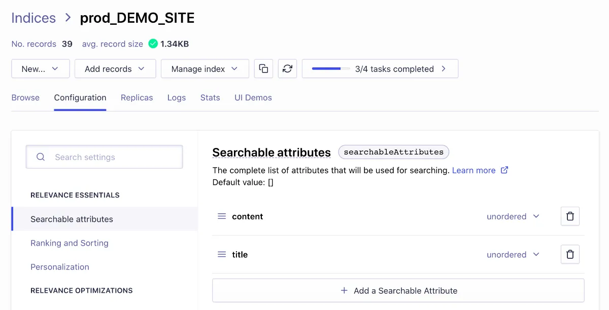 Set searchable attributes on Algolia