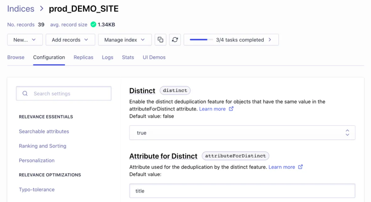 Configure 'Distinct' on Algolia