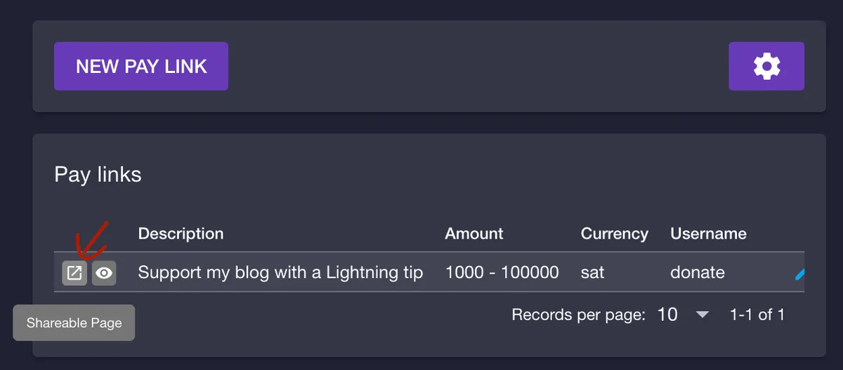 Click this icon to view your LNURL-pay link.