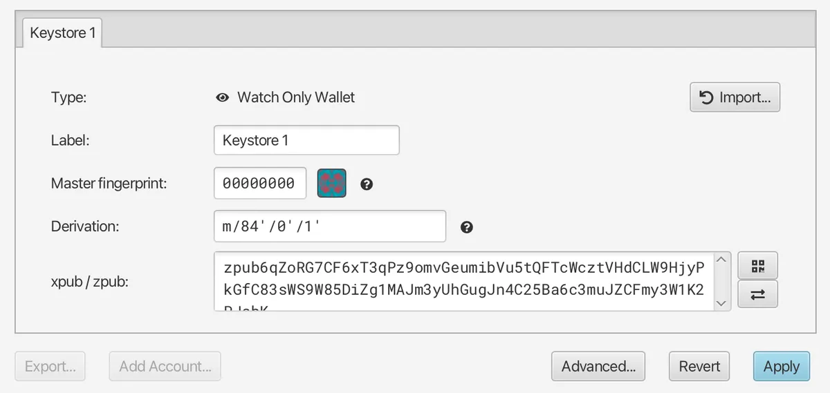 Entering your XPUB into Sparrow for a watch-only wallet.