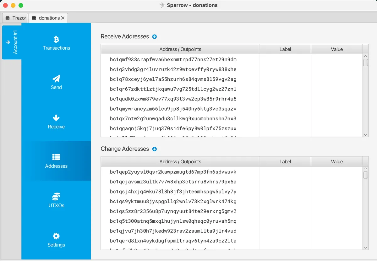 Generating receive addresses using Sparrow wallet.