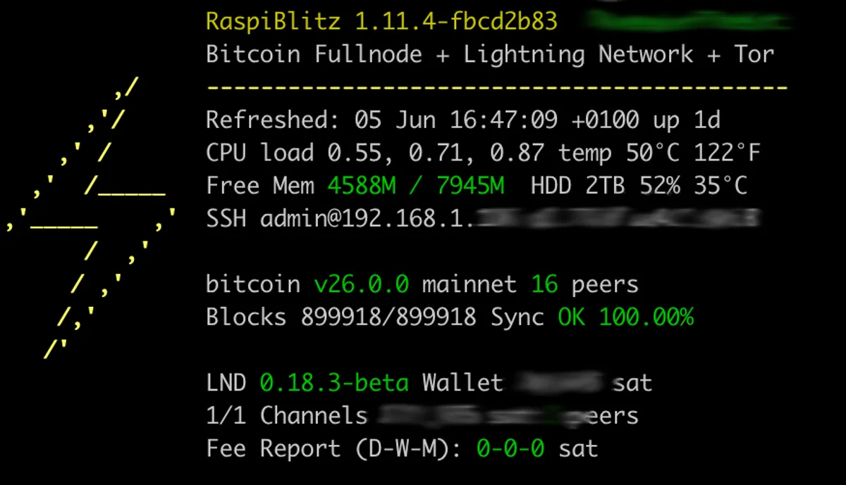 Raspiblitz status screen, the first option in the menu above.