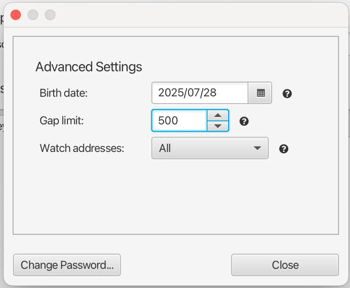 Setting the gap limit in Sparrow wallet.