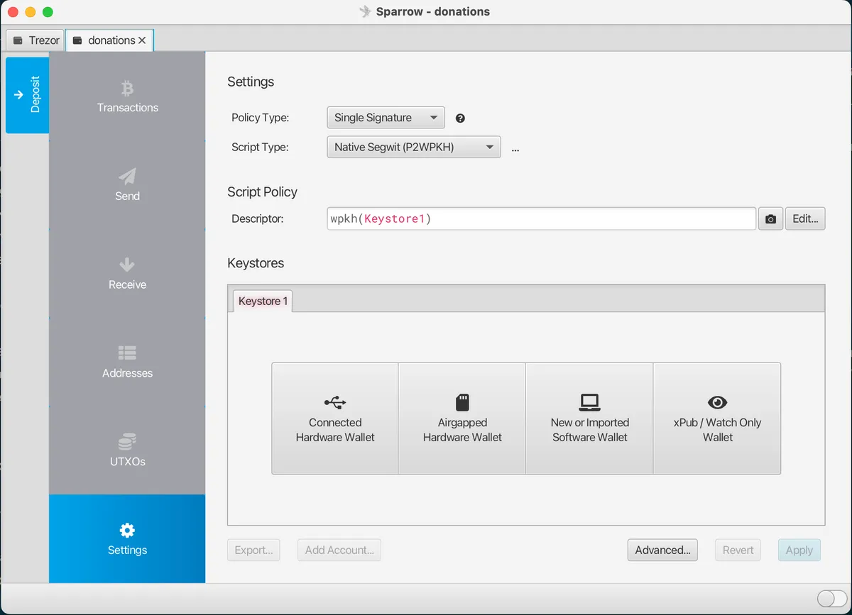Setting up a watch-only wallet in Sparrow.