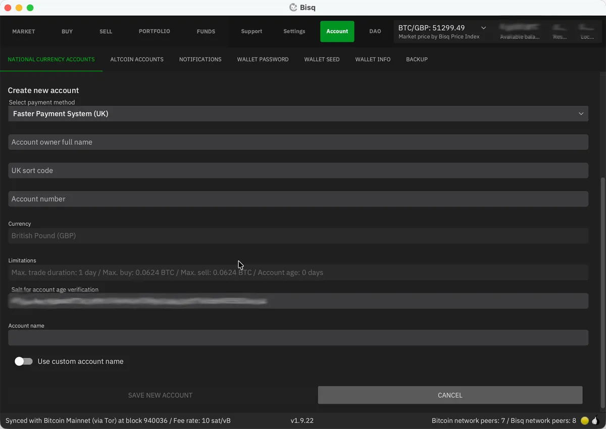 Bisq national payment account setup