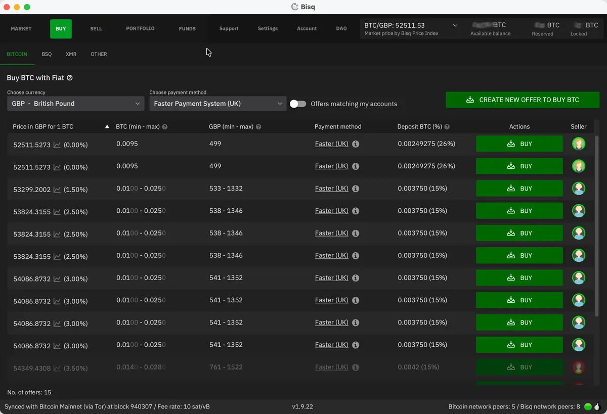 Bisq Buy tab, showing offers from sellers of bitcoin