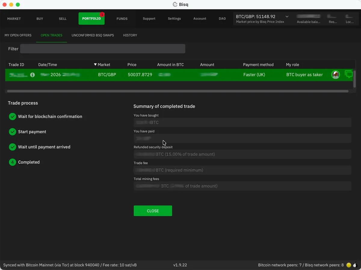 Bisq completion screen