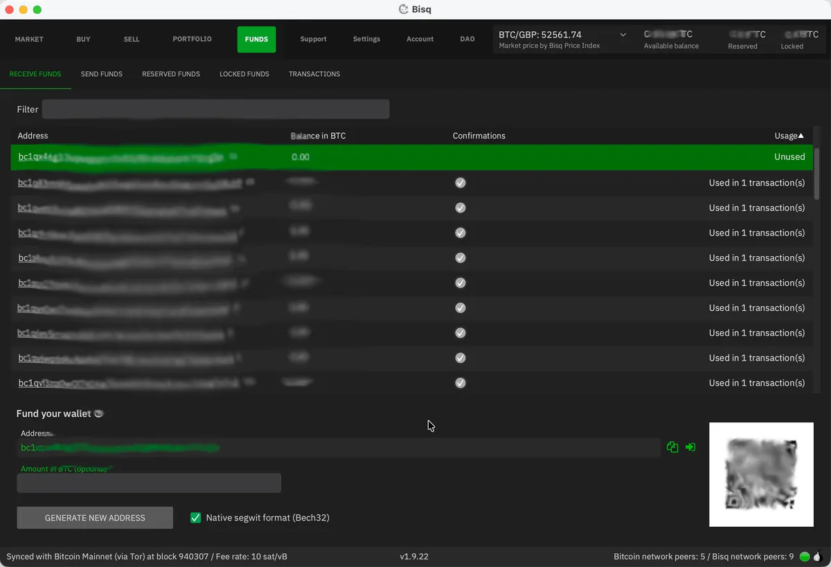 Bisq wallet - receive funds and generate addresses