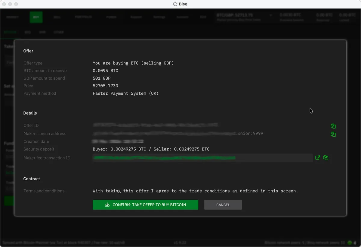 Bisq summary screen before accepting an offer