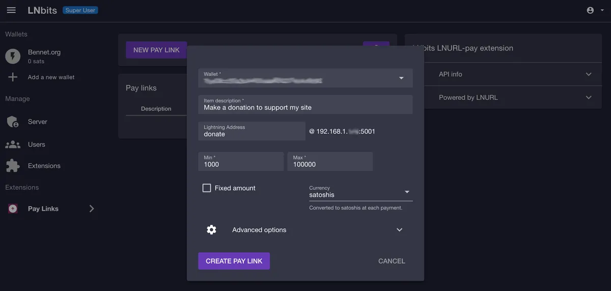 Creating an LNURL-pay link on LNBits