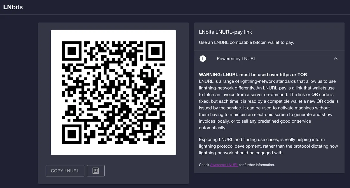 Your finished LNURL-pay link hosted on LNBits