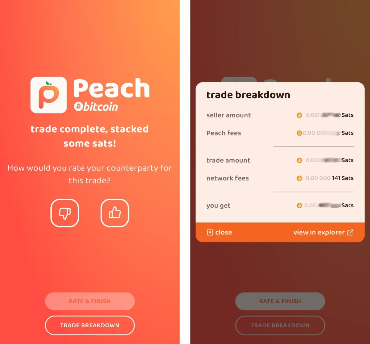 A completed bitcoin trade on Peach.
