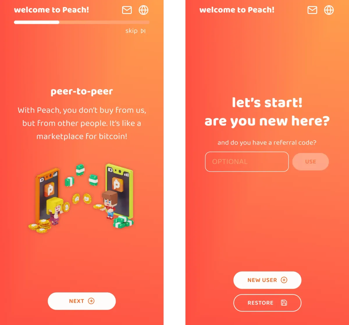 Peach's onboarding screen with a referral code input field.