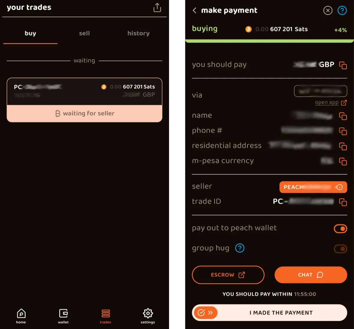 Making progress through a bitcoin trade on Peach.