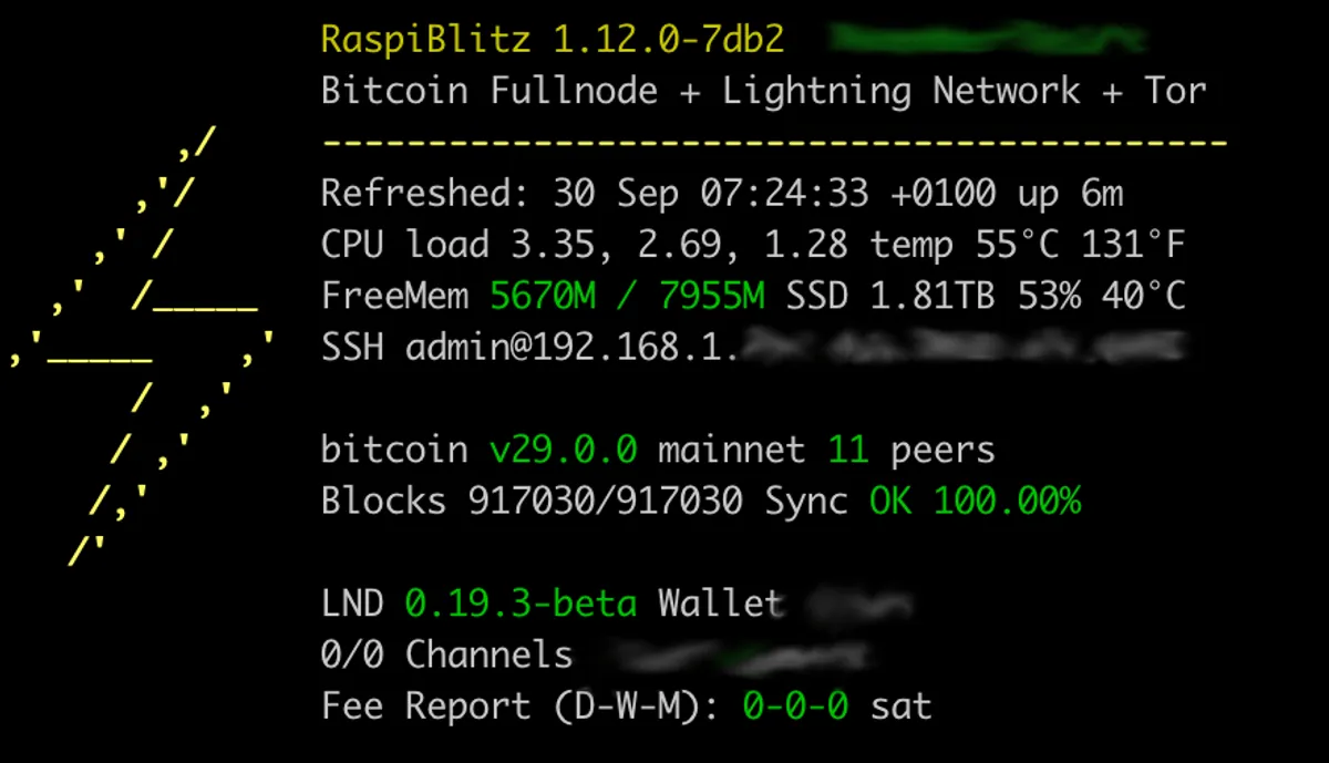 Raspiblitz status screen, the first option in the menu above