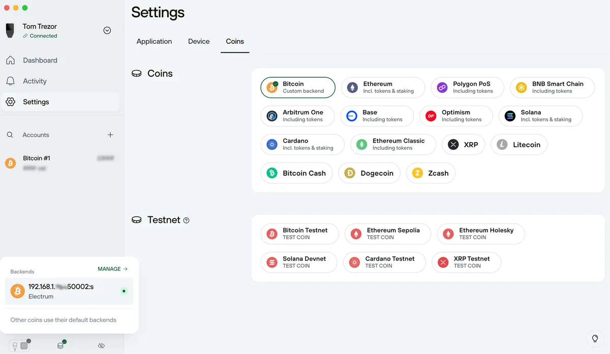 Trezor custom backend successfully setup