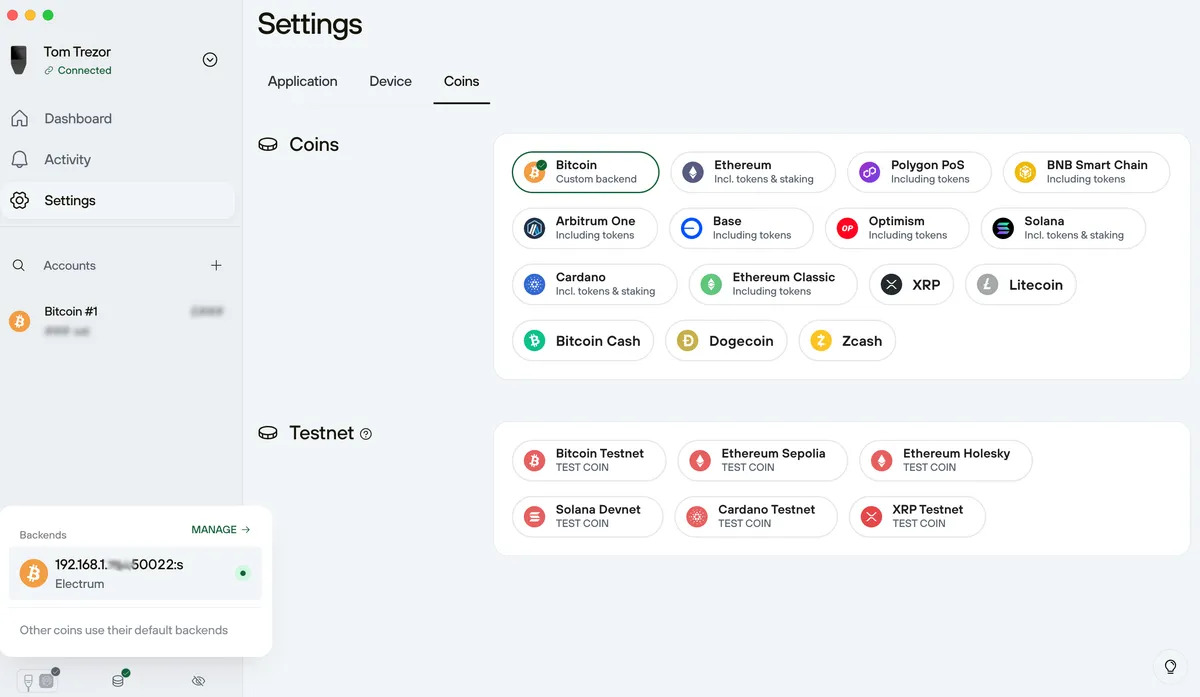 Trezor custom backend successfully setup