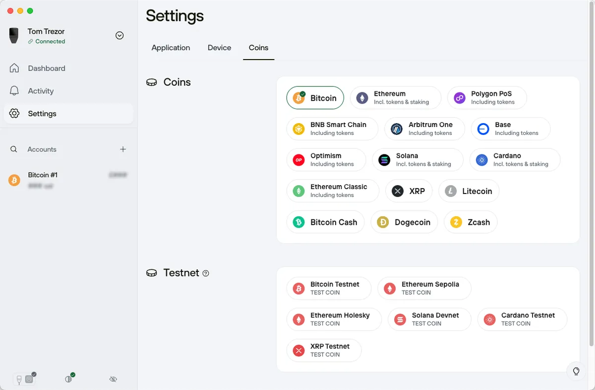 Trezor Settings - Coins view
